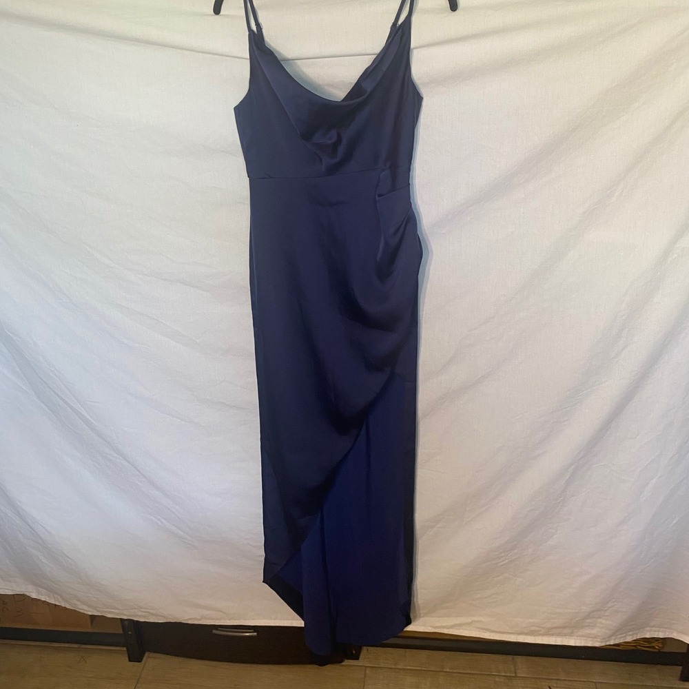 NBD Navy Blue Satin Cowl Neck‎ Maxi Dress Adjustable Straps XS New